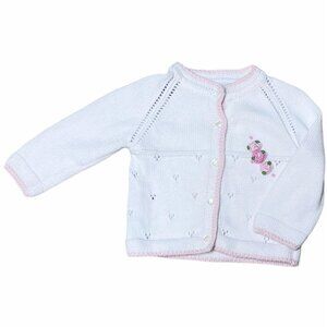 Grandma Nes Cardigan Sweater Girls Size 9 Months White Pink Floral Embroidered